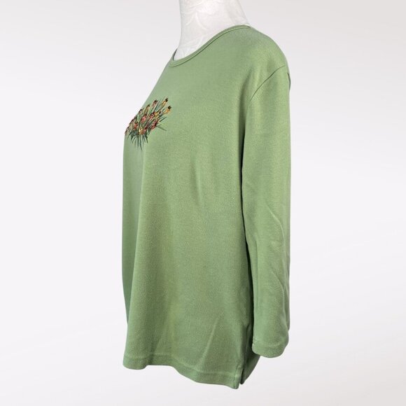 Classic Elements Green Embroidered Beaded Floral 3/4 Sleeve Top Size Large - Picture 4 of 10